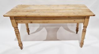 19th century pine plank top kitchen table, raised on turned baluster legs, 146cm long x 65cm wide