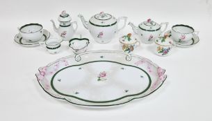 Herend porcelain pink rose pattern tete-tete, 20th century printed blue marks, within ozier