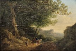 19th century school Oil on canvas Woodland landscape with horse and cart and figures on path,