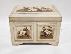 Modern cream painted blanket box with panels handpainted with purple and white violets, 71cm wide