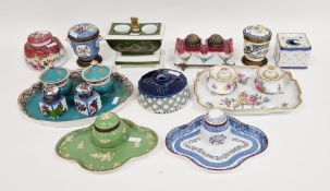 Group of English and Continental stoneware and porcelain inkwells and stands, late 19th/early 20th