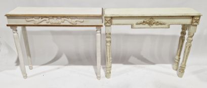 Two modern French-style pale painted console tables, each with moulded detail to aprons and raised