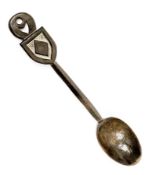 Antique treen love spoon, with deep oval bowl and the handle carved with a pierced finial and