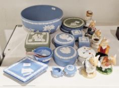 Collection of Wedgwood blue and green jasper ware including a bowl, dishes, pots and covers,
