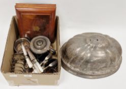 Large silver plated meat dome, with engraved family crest, 39cm long, together with other silver