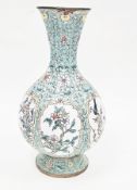 Chinese enamel on copper baluster vase, the fluted body decorated with panels of birds, flowers