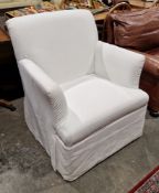 Modern Oka armchair upholstered in natural calico fabric, 76cm wide x 80cm deep x 87cm high