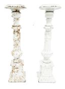 Pair of cast iron candle prickets of classical column form with a white finish, 45cm high