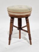 Victorian mahogany circular adjustable piano stool with woolwork upholstered seat and central turned