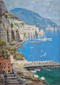 Unattributed Oil on canvas 'Amalfi', harbour scene, signed indistinctly lower right and titled '