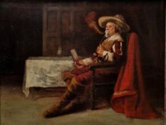 18th/19th century school? Oil on panel Interior scene with cavalier, seated, unsigned, framed,
