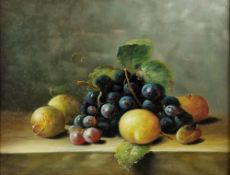 20th century school Oil on panel Still life of grapes and apples, unsigned, framed, 20.5cm x 26cm