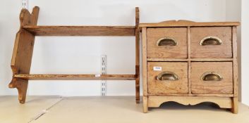 19th century pine cabinet of four small drawers with brass handle, 41cm wide x 43cm high and a