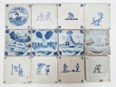 Group of 18th century Dutch Delft tiles, comprising: an example painted with a swan within