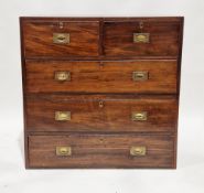 19th century mahogany military campaign chest of two short over three long graduating drawers in two