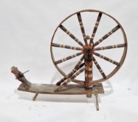 Antique Folk Art wooden Distaff spinning wheel, the spindles and support with painted striped and