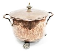 19th century solid copper covered log box of circular form, the lid with brass knop finial, the body