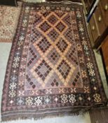 Flat weave kilim with diamond lozenge pattern in red, burgundy, orange, grey and cream, 150cm x