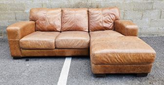 Contemporary stitched tan brown leather L-shaped three-seater sofa with fixed seat and back