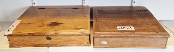 Two late 19th/early 20th century table top clerk's desks, each with sloping writing surfaces opening