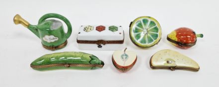 Group of Limoges gilt metal mounted snuff boxes formed as vegetables, a watering can, a box of dice,