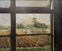 Fred Groves Oil on canvas Reflection of a Hawker Hurricane in a field, through broken glass of a