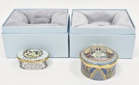 Two Halcyon Days enamel musical boxes, the first decorated with Christ in Majesty with Angels of the