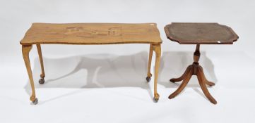 Mid century continental walnut coffee table, the shaped top with an inlaid scene of a punt on a