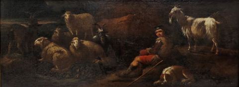 In the manner of Phillipp Peter Roos Oil on canvas Shephers and his dog with his sheep and goat