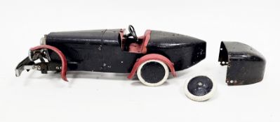1930's No.2 Meccano constructor car, boat tail shape, with black body, red mudguards and seat,