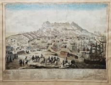 18th century French hand-coloured engraving 'View of the Rock and Town of Gibraltar during the Siege