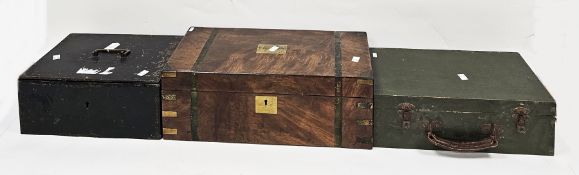 19th century black metal strong box with carry handle to top, 35cm wide together with 19th century