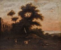 19th century school Oil on canvas Rural landscape at sunset with cows watering at river, ruins and