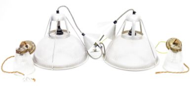 Pair of industrial style original BTC aluminium and ribbed frosted glass pendant light fittings,