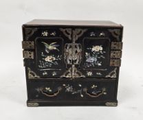 Early 20th century Japanese wooden and ebonised table top cabinet, the twin doors with white metal