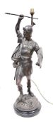Early 20th century spelter table lamp in the form of a Greek or Roman soldier holding a spear and