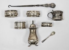 Collection of silver items including silver pepper pot, Birmingham 1901, silver mustard pot with