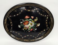 19th century black lacquered papiermache oval tray with floral spray to centre and mother-of-pearl