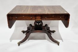 19th century rosewood sofa table, the frieze with inlaid panel and two cockbeaded drawers, raised on