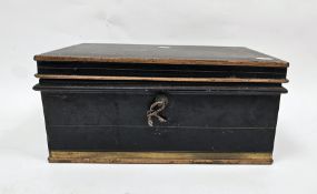 Victorian ' Milners ' black metal and gold colour painted cash tin, the hinged lid opening to