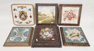 Collection of tiled-mounted wooden trivets, late 19th century, one musical, painted with flowers,