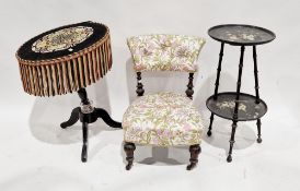 19th century gypsy table, the circular top with a woolwork cover and fringe, raised on a turned