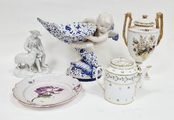 A group of Continental pottery and porcelain, comprising: French faience plate, painted with a