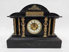 Victorian slate 8 day mantel clock of architectural form, the white enamel and gilt dial with Arabic