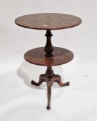 Victorian burr walnut two-tier oval whatnot, raised on carved turned baluster supports and three