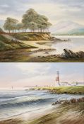 David James Oil on Canvas Coastal scene with view of Portland Bill lighthouse, Dorset, signed