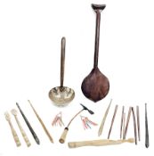 Collection of wooden items including South American model of a canoe paddle, 50cm long, handled