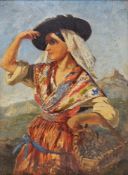 Late 19th/early 20th century school Oil on board Thee quarter length portrait of gypsy woman