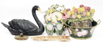 Mixed lot including a pair of cloisonne vases, 21cm high, toleware twin-handled tub, toleware