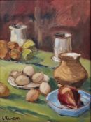 20th century school Oil on board Still life of eggs, jug, apples and tankards, indistinctly signed